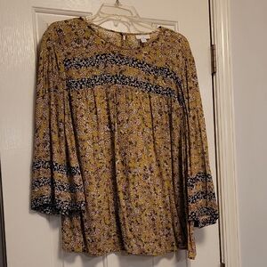 J. Jill Floral Yellow & Navy Women's Blouse 100% Rayo